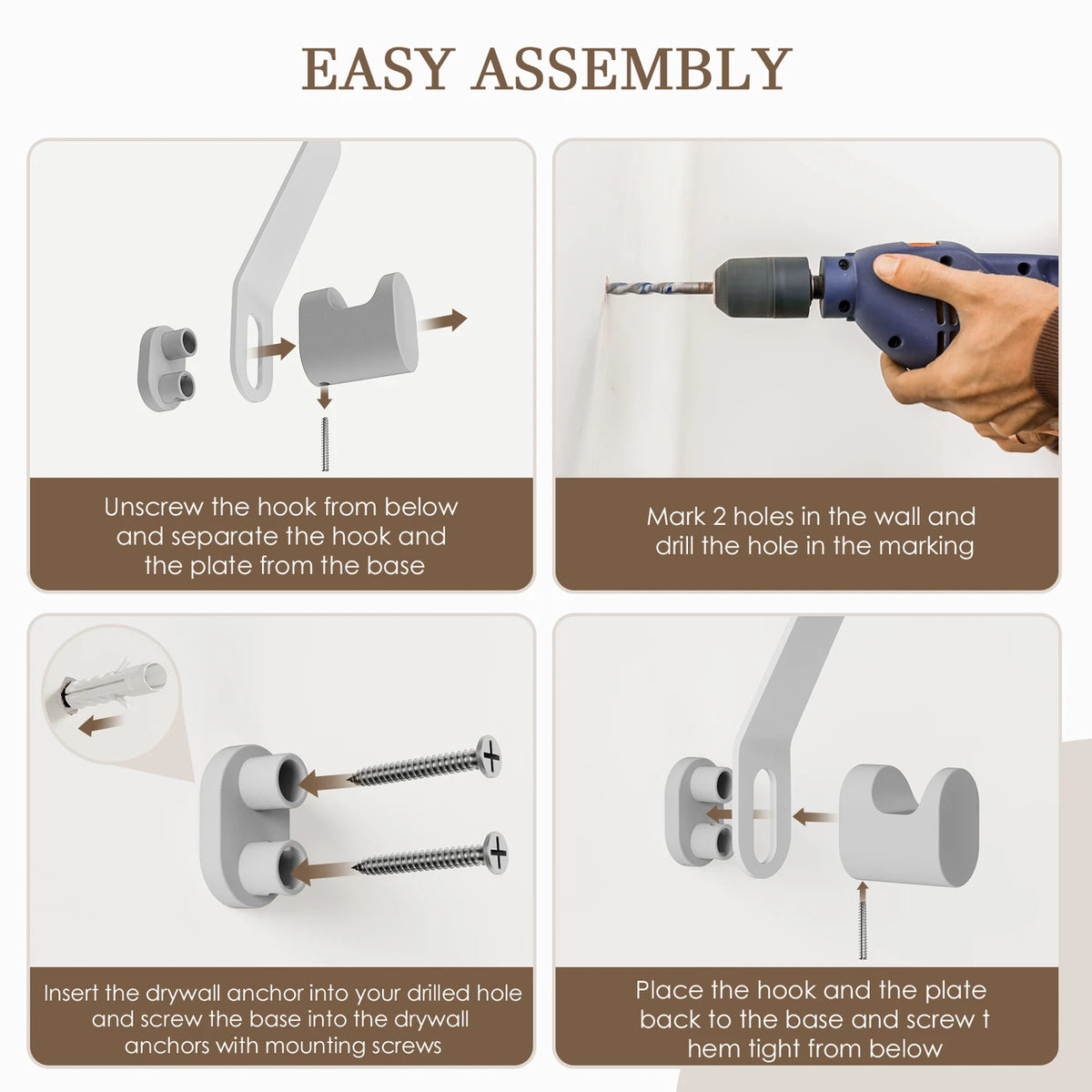 Kapanou Dubbele Wandhaken - Set van 8 - Aluminium - Tot 5 kg per Haak - Modern Design - Grijs