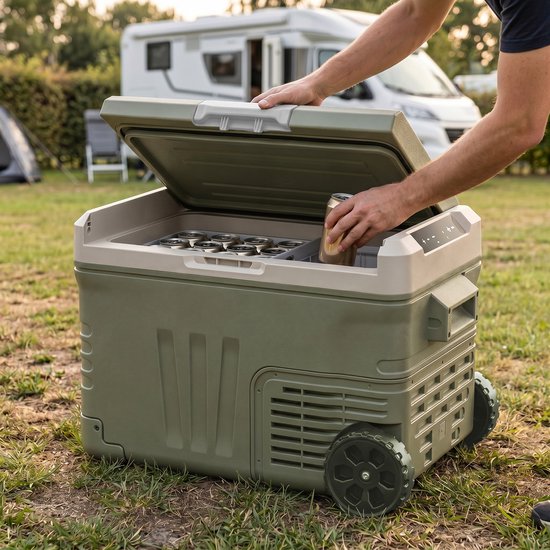 Auronic Elektrische Koelbox - Compressor - 35L - 12V en 240 volt - Camping Koelkast - Frigobox Auto - Met Wielen en Hendel - Groen