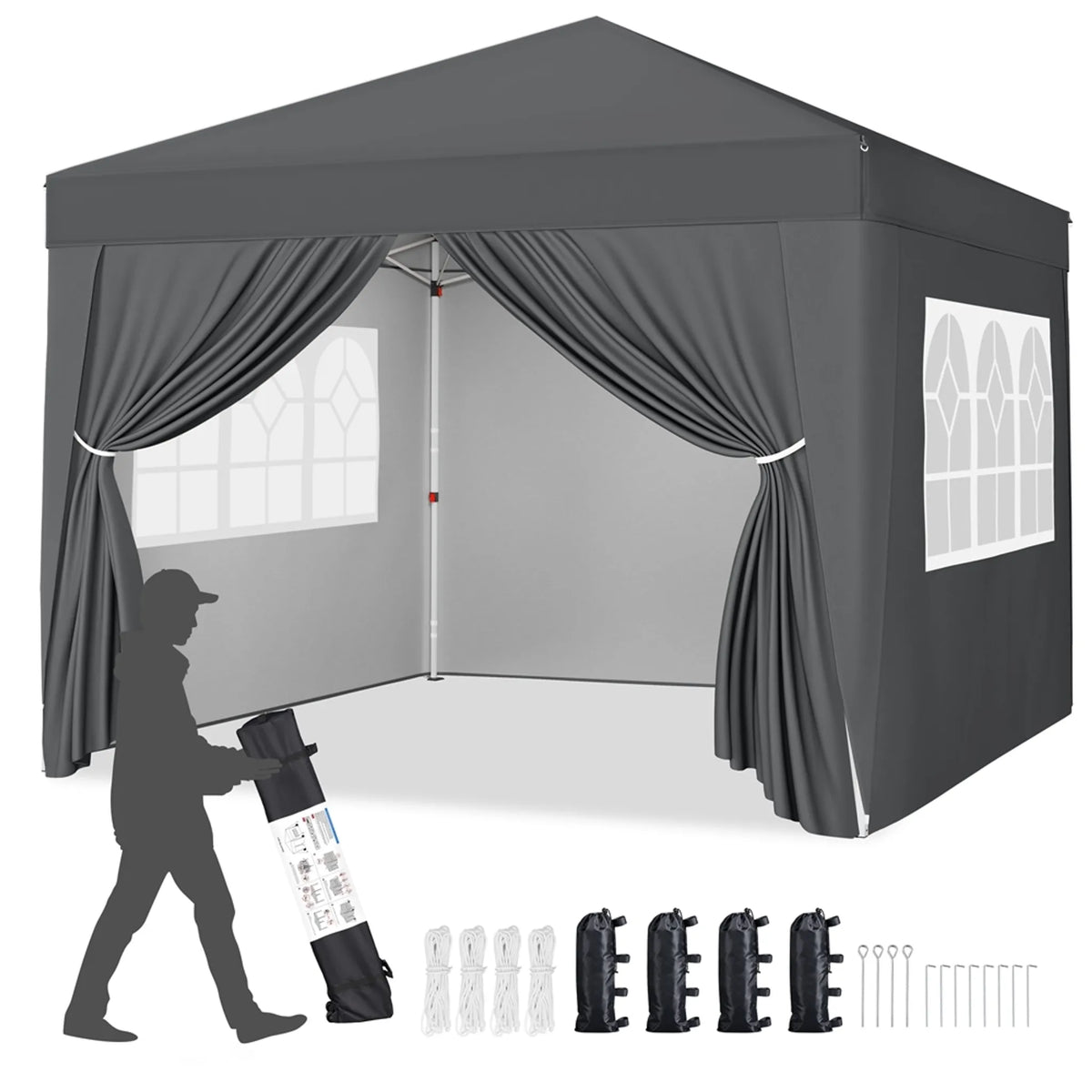 Yaheetech Vouwpaviljoen 3x3 m - Verstelbaar 267-287 cm - 4 Zijwanden - UV-Bescherming 50+ - Waterdicht - Donkergrijs