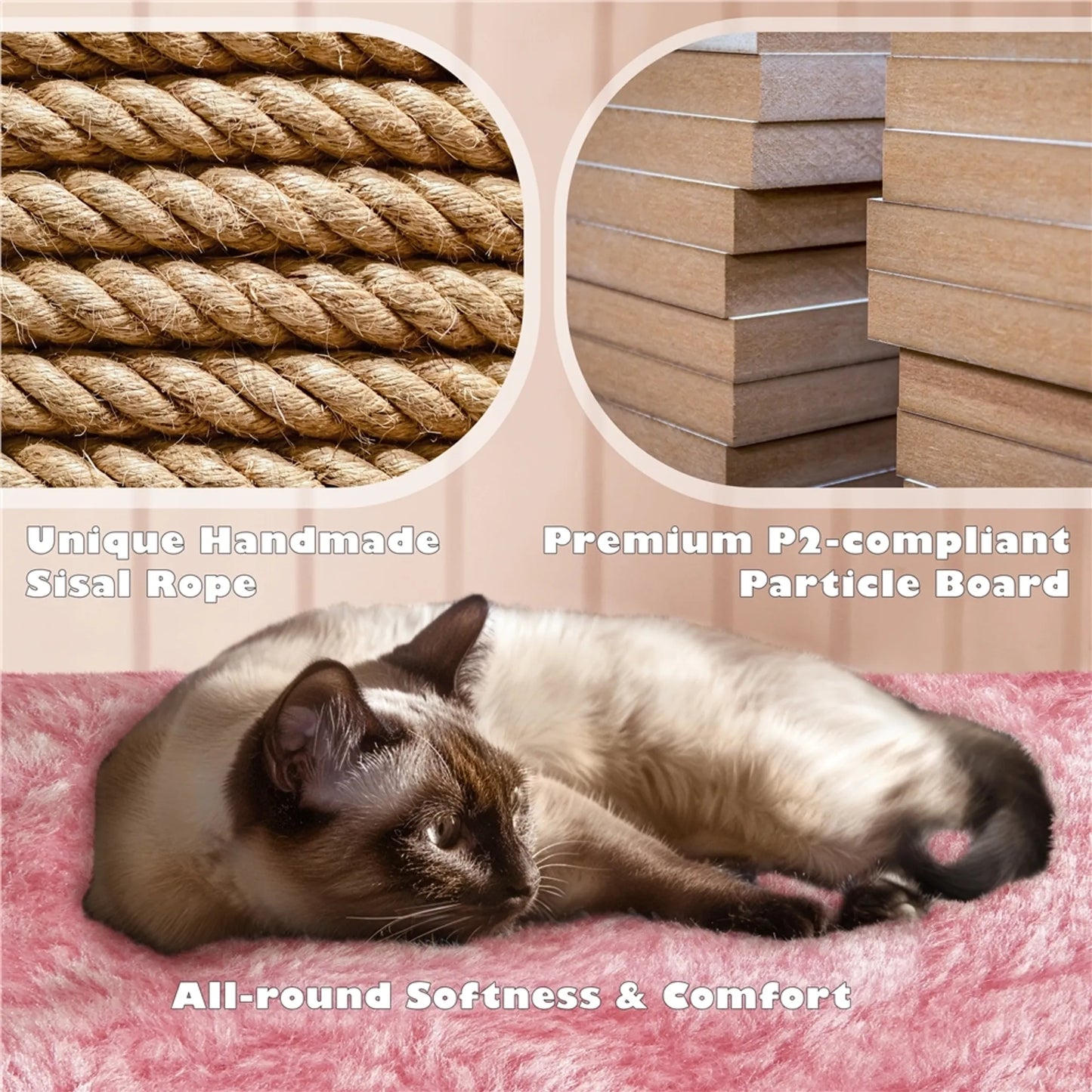 Yaheetech Krabpaal Met 3 Uitkijkplatforms – Voorzien Van 2 Kattenmanden En Sisalpalen En Speelbal Met Belletje – Voor Huishoudens Met Meerdere Katten – Roze Pluche En E1 Spaanplaat – 49 x 49 x 139 cm