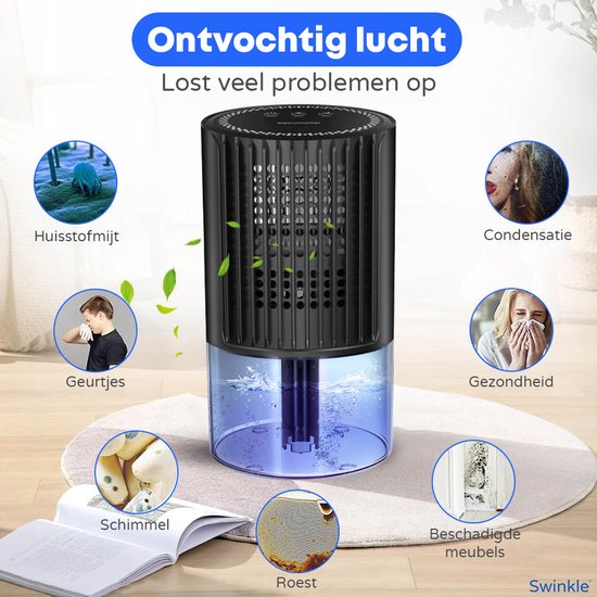 Swinkle Luchtontvochtiger – Tot 0,35 L/dag – Compacte Dehumidifier voor Woonkamer, Slaapkamer & Badkamer – Zwart