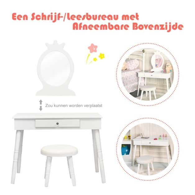 Coast Make-Up Kaptafel voor Kinderen - Met lade - Incl. Krukje - Wit