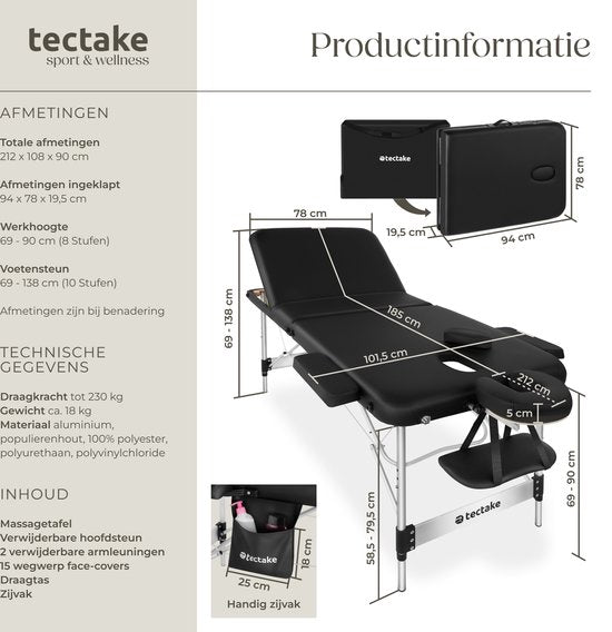 tectake® 3 Zones massagetafel - Behandeltafel incl. draagtas - 5 cm dikke vulling - Aluminium frame - 78 cm breed - 230kg draagvermogen - Incl. 15 hoofdsteundoekjes - Zwart