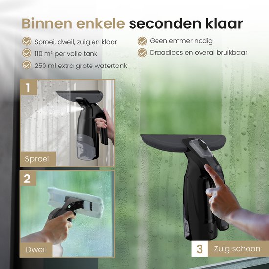 Vapore Elektrische Ruitenreiniger - Incl. Inwasser - Raamwisser met Ingebouwde Sproeifunctie - Ramenwasser - Raamtrekker - Raamzuiger - Incl. Microvezeldoek - Zwart
