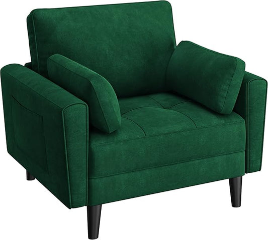 Yaheetech Moderne Woonkamerfauteuil met Armleuningen en Zakken Relaxfauteuil met Kussens Houten Frame Stoffen Slaapkamerfauteuil voor Woonkamer Groen