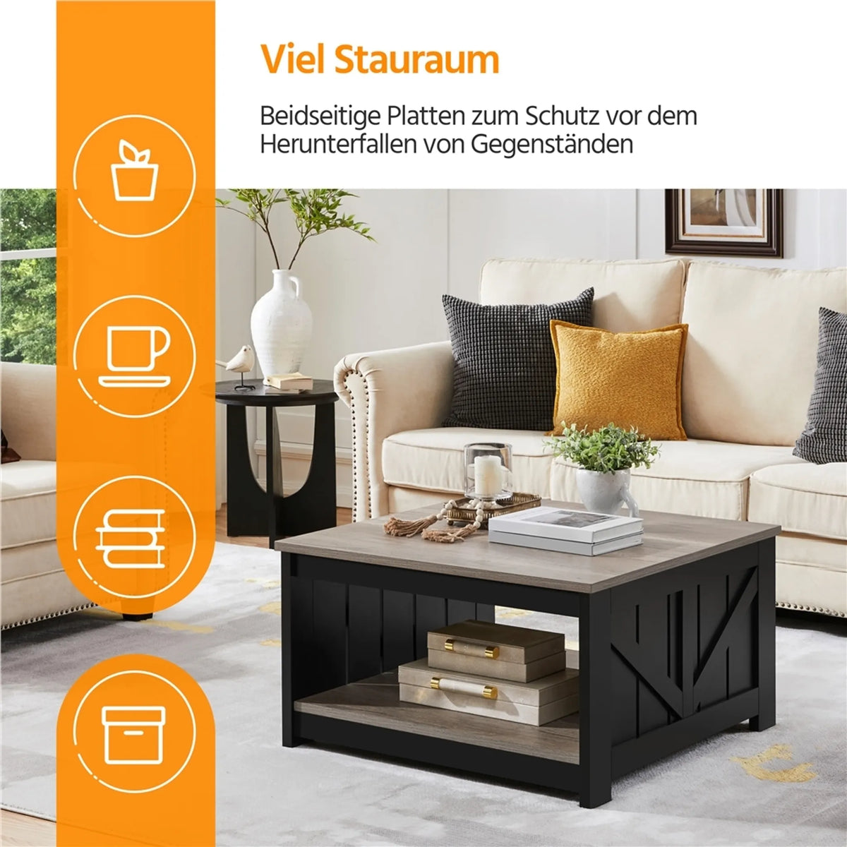 Yaheetech Salontafel Vierkant – 80 x 80 x 45 cm – Voorzien Van Ruim Opbergvak En Schuurdeur-Design En Houtnerf Fineer – Voor Woonkamer En Zithoek – Grijs E1 MDF