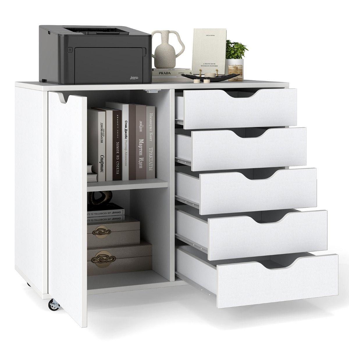Coast Rolcontainer met 5 lades en deur - verstelbare plank - op wielen - wit 78 x 40 x 65 cm