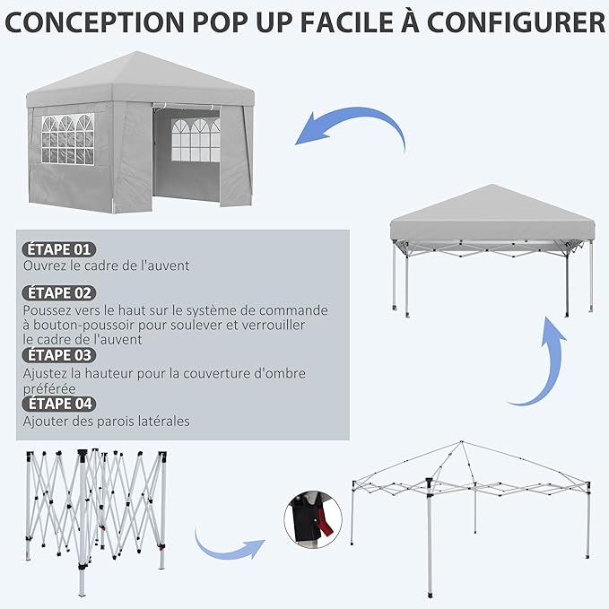 Outsunny Partytent - Paviljoen - Opvouwbaar - Met Zijwanden - Met Draagtas - 298 x 298 cm – Grijs