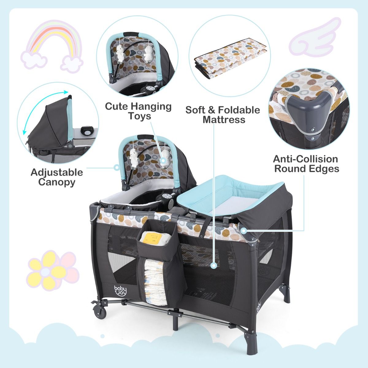 Coast 5-in-1 Reisbedje voor Kinderen - Met Commode, Wieg en Speelpark - Blauw