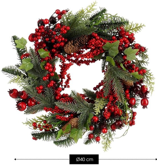Mica Decorations Norah Kerstversiering - Kerstkrans met Dennenappels en Rode Besjes - Deurkrans voor Hal, Voordeur of Raam - Klassieke Kerstdecoratie - H11 x Ø40 cm - Rood