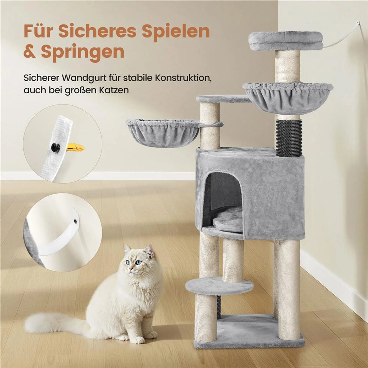 Yaheetech Krabpaal 160 cm H - ⌀11 cm Sisalstammen, Platforms & Kattenholen - Lichtgrijs & Beige