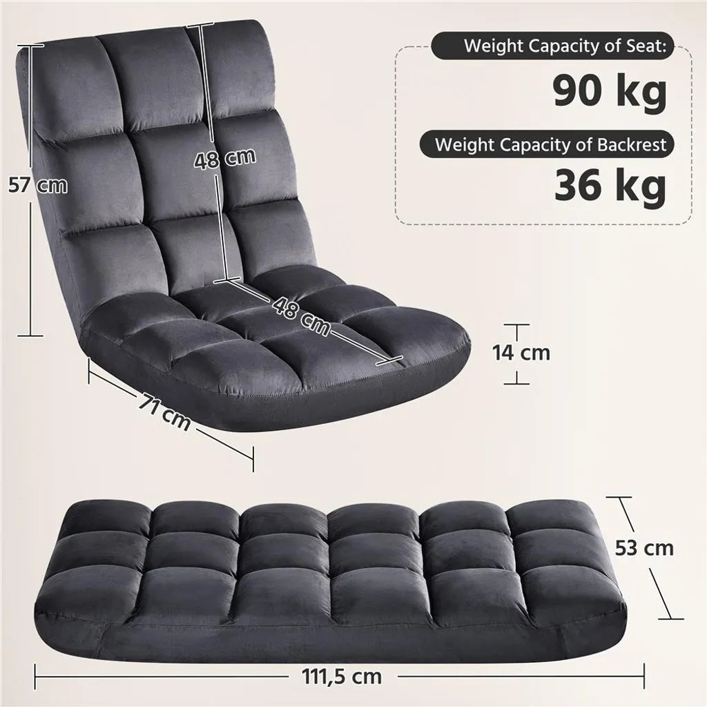 Yaheetech Verstelbare Vloerstoel 111,5 x 53 cm - Grijs - Opvouwbare Gamingstoel en Relaxstoel met 14 Standen