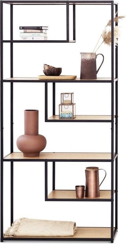 LIFA LIVING Open Wandkast - Opbergkast - Boekenkast - Industrieel - Zwart - Hout & Metaal - 82 x 34 x 175 cm