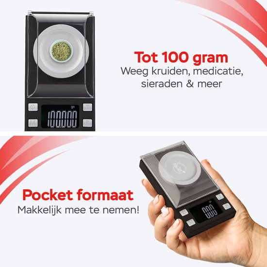 Kitchenwell digitale mini precisie keukenweegschaal - 0,001 tot 100 gram - 11.0 x 6.3 cm - pocket scale op batterij - weegschaal keuken