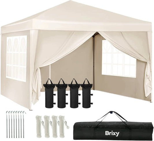 Brixy Partytent - Paviljoen - Easy Up - Opvouwbaar - Met Zijwanden - Waterdicht - Met Draagtas - 300 x 300 cm – Crème