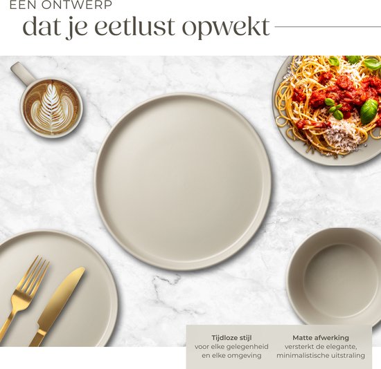 tectake® Serviesset Una - 30-delig - Aardewerk - 6 Persoons - Stijlvol en Duurzaam Servies - Bordenset met Grote en Kleine Borden, Kommen, Schaaltjes
