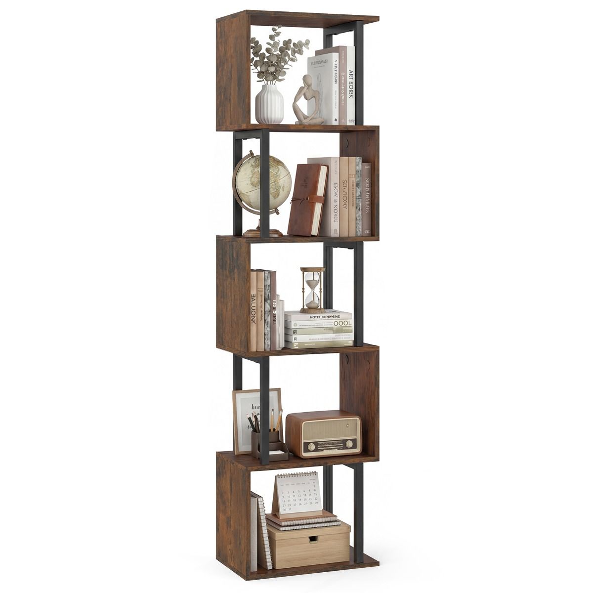 Coast Boekenrek met 5 planken - geometrisch ontwerp - metalen frame - zwart/rustiek bruin