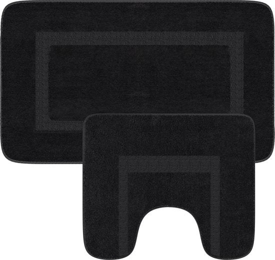 Loti Living Badmat Set Met Toiletmat Antislip – Douchemat – Badmat Badkamer – Vloermat – Badmat set wc mat – Badmat set antislip - Zwart - 50x80 cm + 50x40 cm