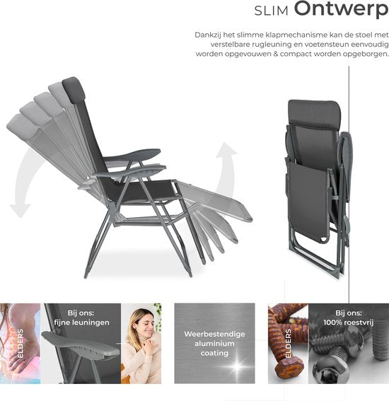 tectake® - Set van 2 klapstoelen - Aluminium tuinstoelen - Inklapbaar met hoofdsteun en voetensteun - Ligstoelen voor in de tuin, terras of balkon - Campingstoel - Antraciet
