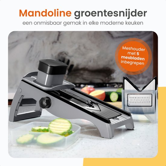 Goliving Mandoline Groentesnijder - 35 x 8cm - Keukensnijder met 5 Bladen - Uiensnijder - Kaasrasp - Mandolines - Spiraalsnijder - Rasp - Roestvrij staal