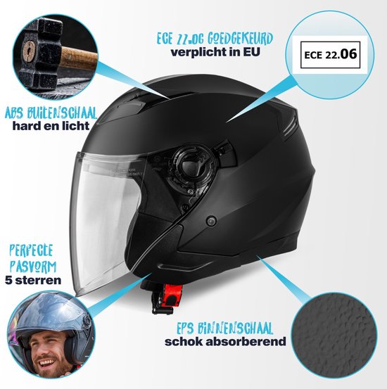 VINZ Calobra Jethelm met Zonnevizier - Scooterhelm & Motorhelm & Brommerhelm - ECE 22.06 - Mat Zwart - M