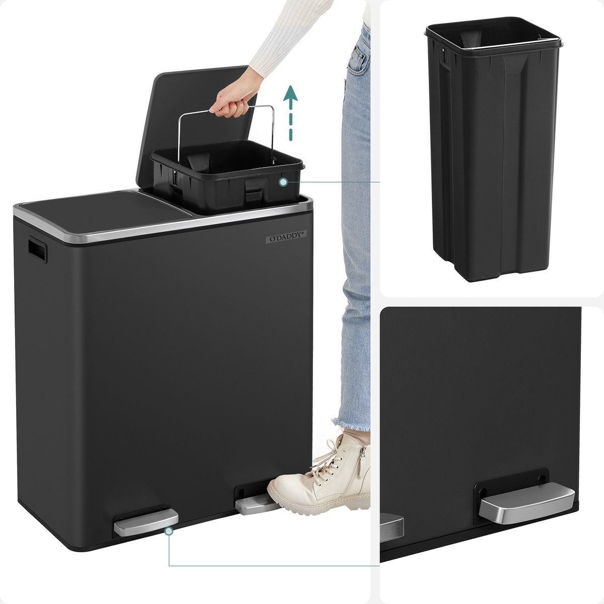 O'DADDY® Prullenbak - Afvalemmer – Duo Bin – 60L – Soft-close – 58,6 x 32 x 65 cm – 2 Binnenemmers – Inclusief 15 Afvalzakken – Elegant Zwart
