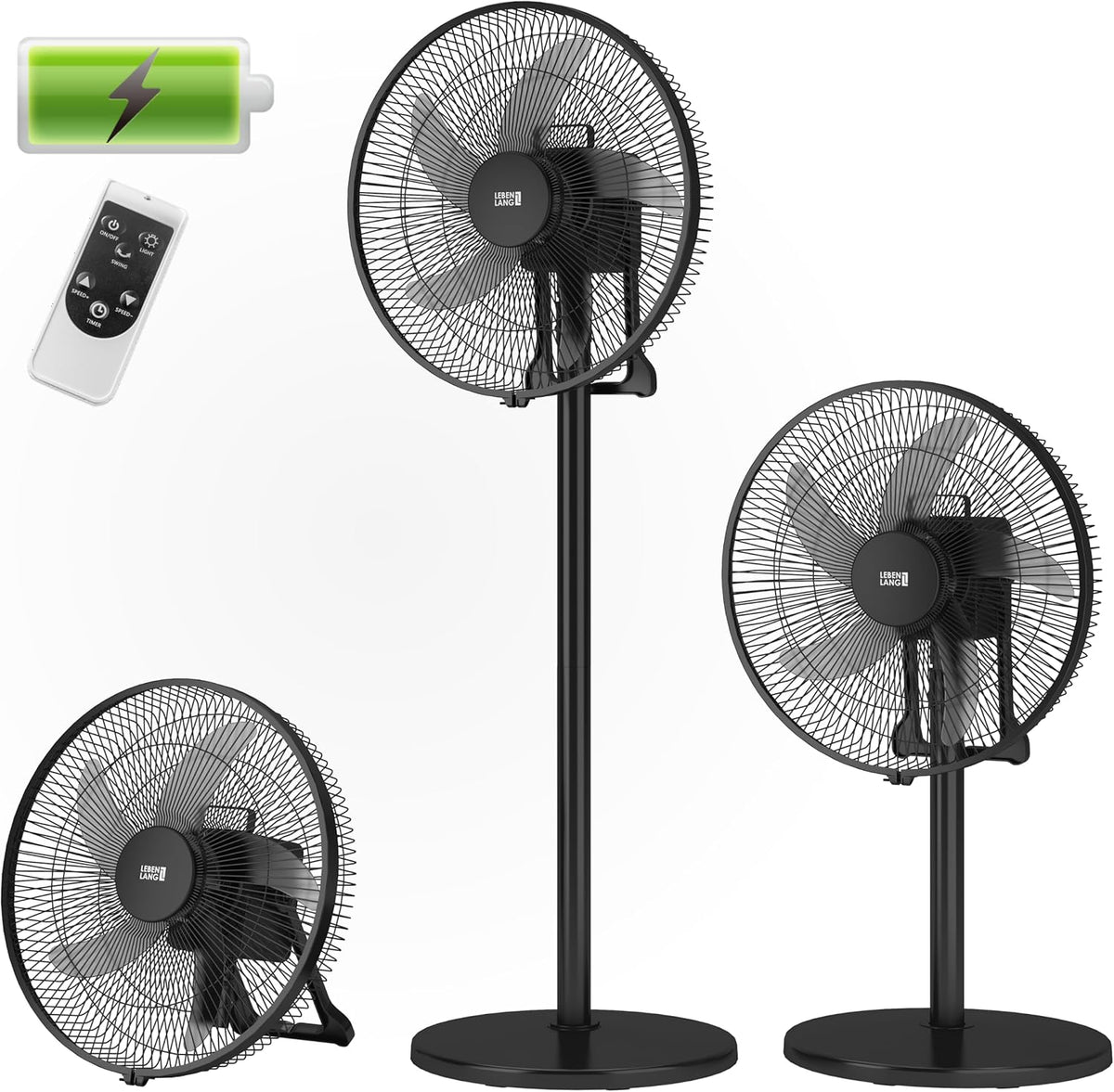 LEBENLANG Accuventilator 35W – 3600 mAh – tot 45 uur gebruiksduur – Ø 30 cm – Hoogte 80–115 cm – Zwart – Draagbare 5-in-1 Ventilator met Afstandsbediening