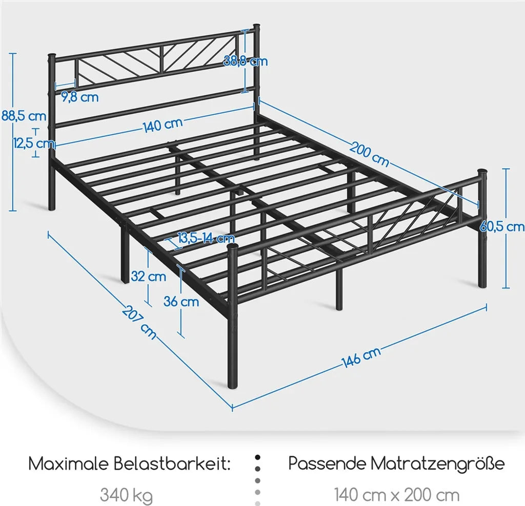 Yaheetech Metalen Bedframe 140 x 200 cm - Zwart - Tweepersoonsbed met Lattenbodem en Hoog Hoofdbord