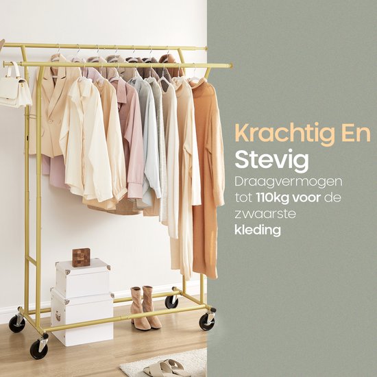 O'DADDY® Kledingrek op wieltjes - Garderoberek - Kledingstang - Verstelbaar en Uitschuifbaar - Industriële Wielen - Metaal - Stabiel tot 110 kg - Goud