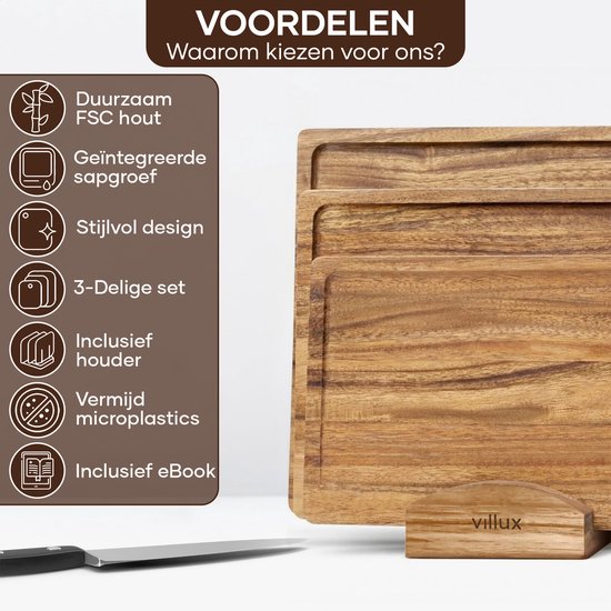 Villux Snijplank - Snijplankenset Met Houder - Snijplank Hout - Snijplanken - Snijplank Acacia- Houten Snijplank - Snijplankenset - Tapasplank - Borrelplank - Serveerplank - Hapjesplank - Inclusief eBook - 3 Stuks - Acacia