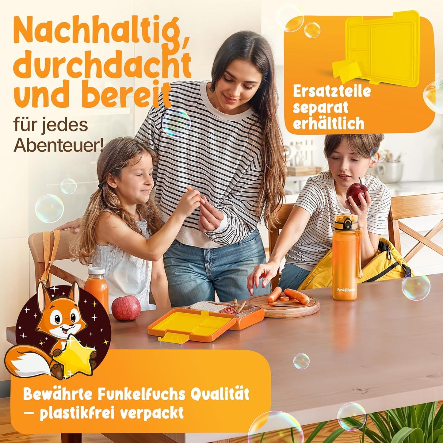 Funkelfuchs® - Lunchbox kinderen met vakjes - 500ml, oranje - Lunchbox ster, klein - Snackbox, snackbox, broodtrommel, maaltijdbox, bentobox kinderen - voor school, kleuterschool en kinderdagverblijf