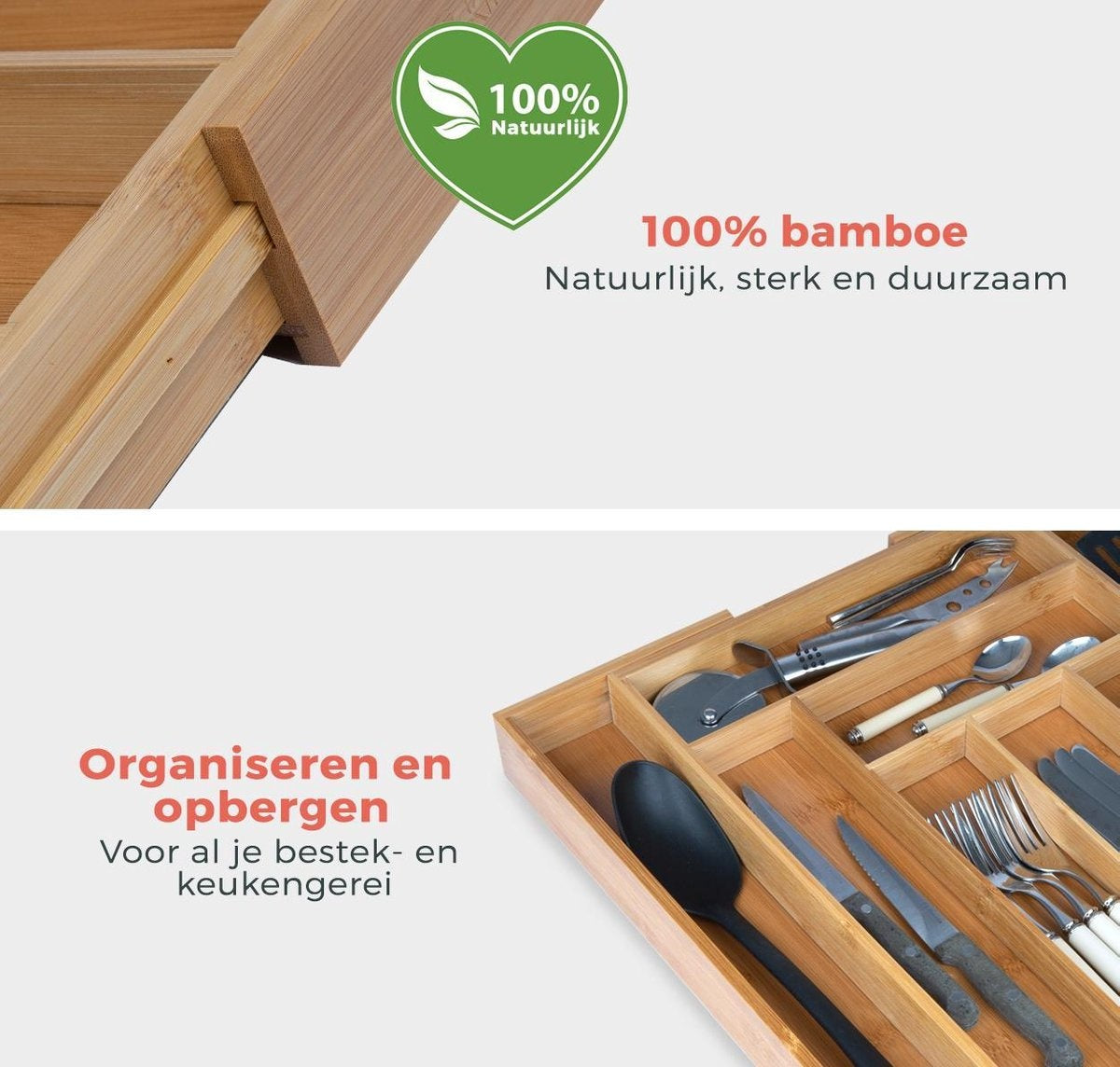 KitchenBrothers Bestekbak - Verstelbare Besteklade - 30 tot 44.5cm - Bamboehout