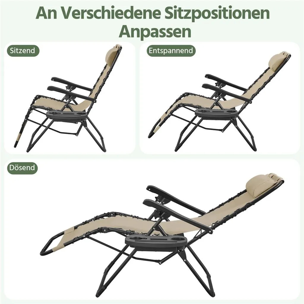Yaheetech Set van 2 Ligstoelen met Bijzettafel - Beige - Opvouwbare Zero Gravity Tuinligstoelen met Hoofdkussen en Bekerhouders