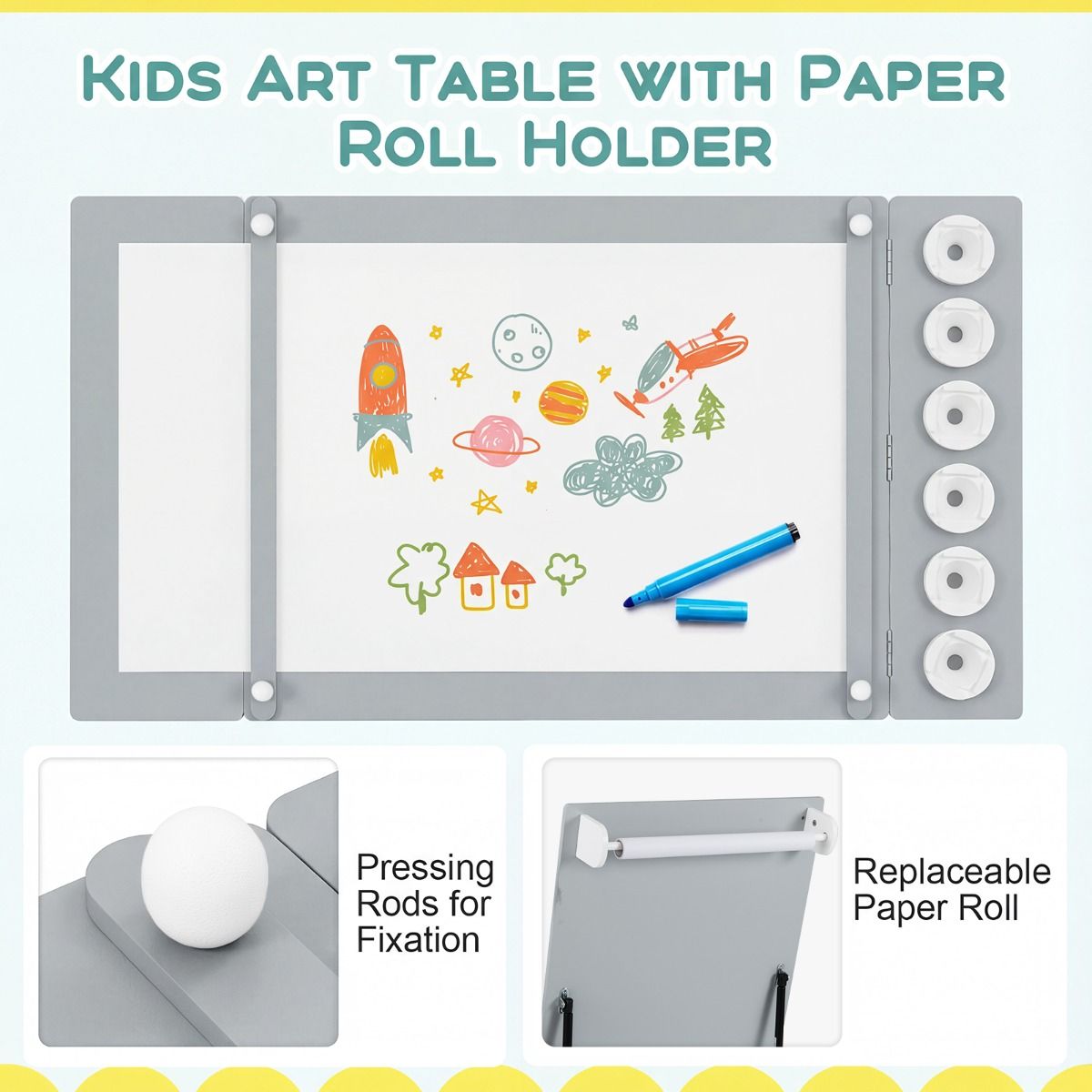 Coast Kindertafel en Stoelenset - 2-in-1 tekentafel met opbergruimte en papierrol - grijs