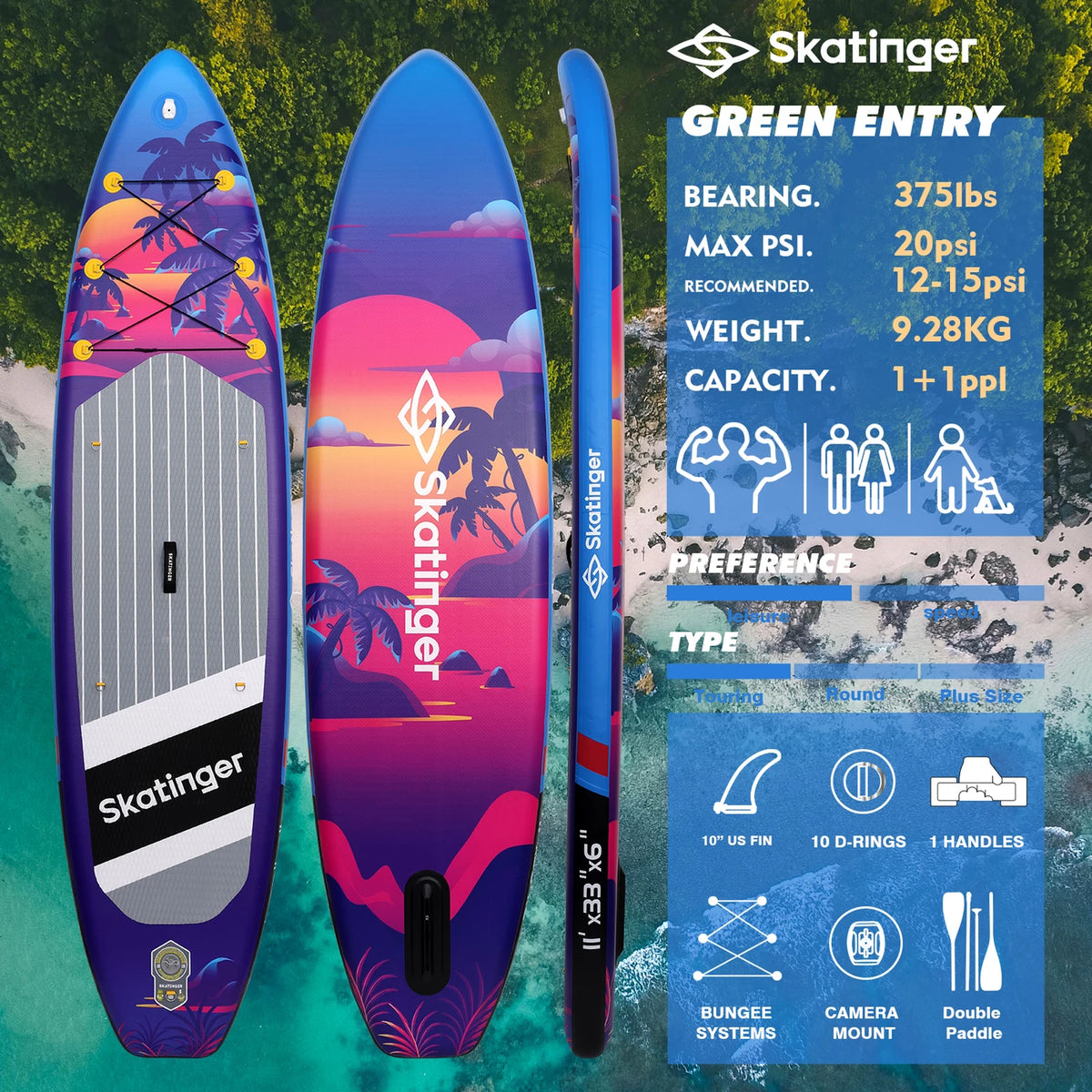 SKATINGER Sunset Stand-Up Paddleboard 11 x 33 x 6 inch - PVC - Dubbelwandig - Tot 20 PSI