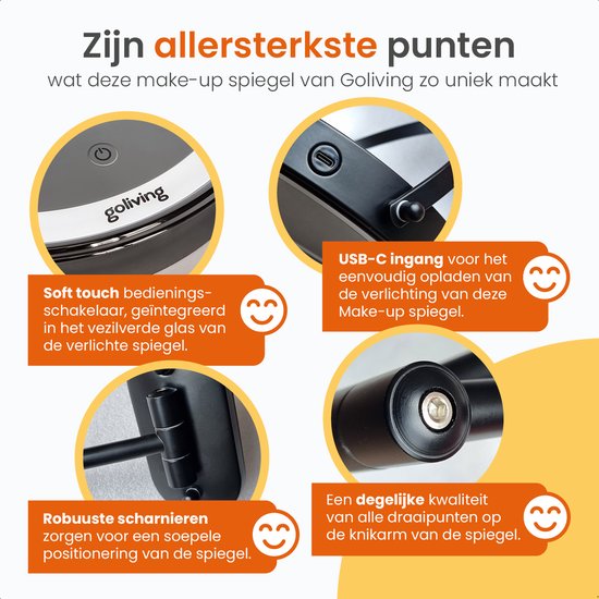 Goliving Make Up Spiegel Met LED Verlichting - Ø25 cm - 10x Vergroting - met USB-C oplaadpoort - Zwart