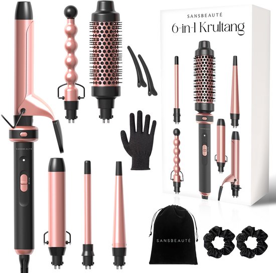 Sansbeauté® 6 in 1 Krultang met Klem - Keramische Haarkruller - 13mm tot 38mm - Beach Waves - Wavy Hair - Krultangen 32mm 25 mm 19 mm - Blowout Brush - Haarstyler - Hair Curler - Dunne en Dikke Krultang - Mini Krultang - Krultang Kort Haar