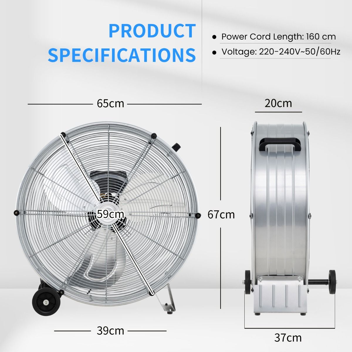 Coast Industriële Trommelventilator - 3 Snelheden, 180W, Max. 1300 CFM - 65 x 37 x 67 cm - Staal/Aluminium - Zilver
