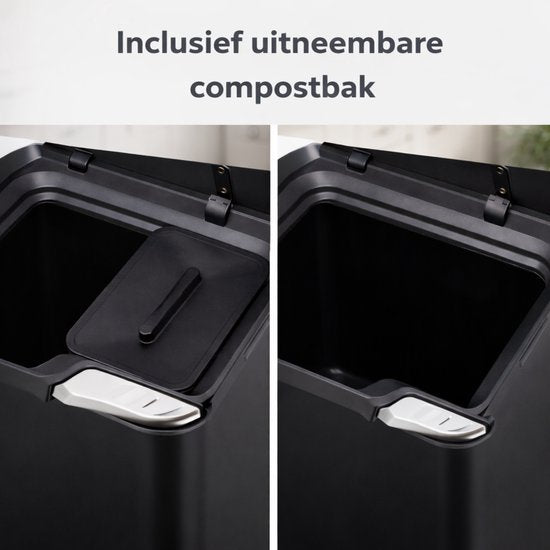 Bayt Prullenbak 60 Liter - Vuilnisbak 60 Liter - Prullenbak Afvalscheiding - 2 Compartimenten - RVS - Zwart