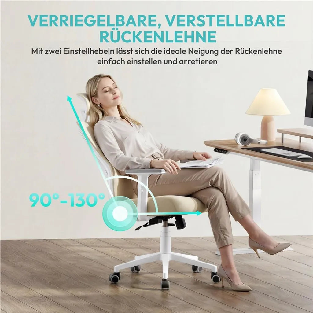 Yaheetech Ergonomische Bureaustoel met Verstelbare Hoofdsteun en Lendensteun - Beige - 70 x 59 x 115-125 cm