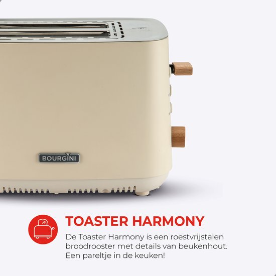 Bourgini Harmony Broodrooster - Echte Beukenhouten elementen - Toaster- Extra hoge broodlift en 2 brede brood sleuven - 7 warmteniveaus