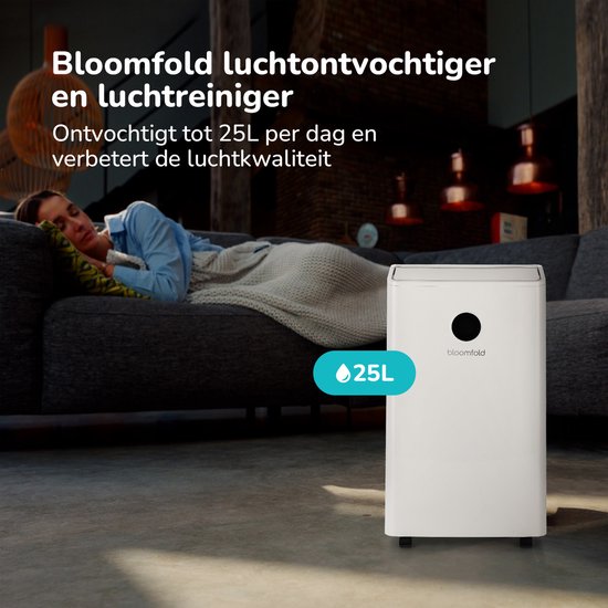 Bloomfold Luchtontvochtiger en Luchtreiniger - 25L per Dag - Incl. Was-droog Functie - Geschikt voor Woonkamer, Slaapkamer, Kelder & Badkamer