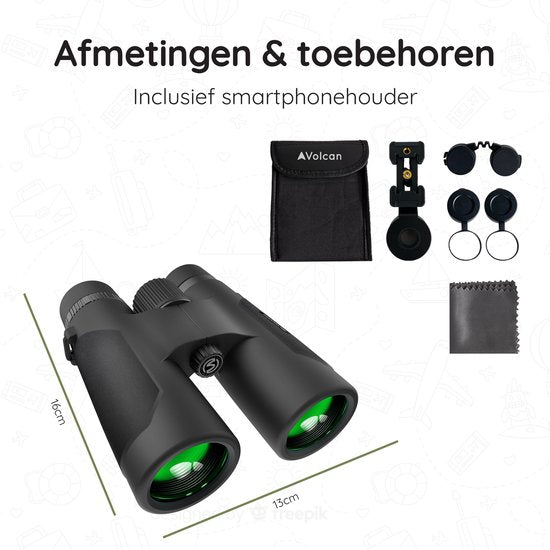 Volcan Waterdichte Verrekijker 10x42 - Voor Volwassene - Gasgevuld - HD - Met Lensdoppen, Draagtas en Nekkoord - Zwart