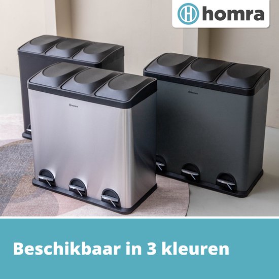 Homra Maxer Pedaalemmer 60 Liter - RVS Prullenbak 3 vakken - Trio Prullenbak 3 X 20 Liter - Prullenbak Afvalscheiding - Vuilnisbak voor huishouden en kantoor - Recycle Vuilbak keuken Afvalemmer Zilver - Afvalscheidingsprullenbakken