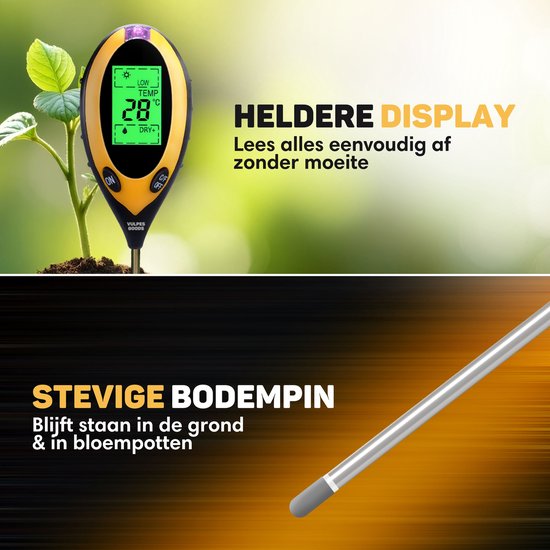 Vulpes Goods® Vochtmeter voor Planten - 4-in-1 - Vochtigheidsmeter - Binnen en Buiten - Hygrometer voor Kamerplanten - - pH, Lichtmeter, Temperatuurmeter en Vochtigheidsmeter - Vochtmeter Grond - PRO versie - Incl. Batterij