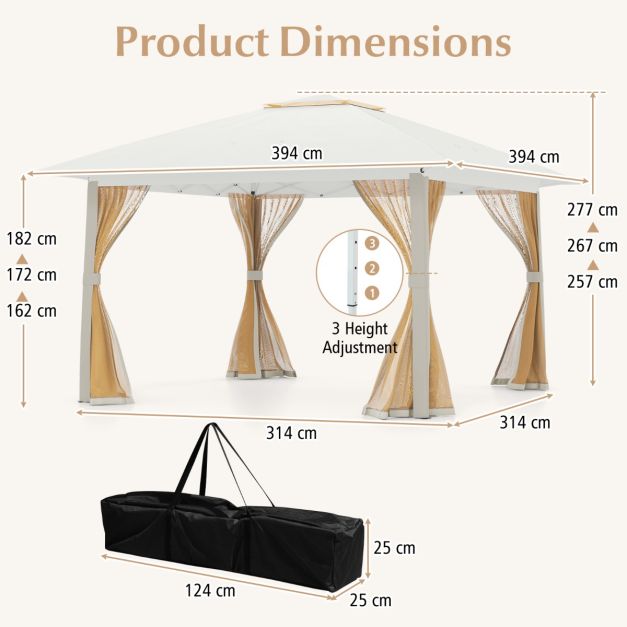 Coast Pop-up Paviljoen 394 x 394 x 277 cm - Gaaszijpanelen - Dubbel Dak - Draagtas - Beige