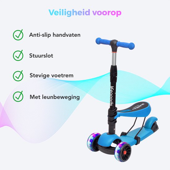 LifeGoods MultiRider Kinderstep - Step 3-8 Jaar - Verstelbaar Zitje - Lichtgevende Wielen - Jongens/Meisjes - Blauw