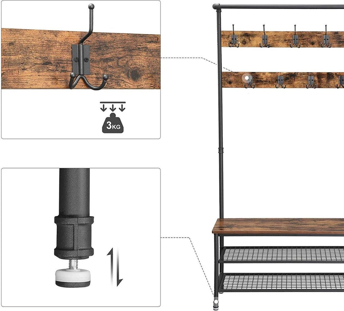O'DADDY® kapstok staand - kapstok met schoenenrek - 23 haken 2 laags schoenenrek 10 paar - garderoberek - 100 x 41,5 x 182 cm - bruin