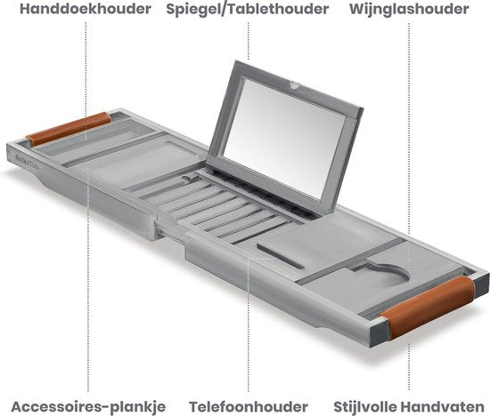 RelaxTub® Badplank - Badplank voor in Bad - Badrek - Verstelbaar - Anti Slip - Badplank Grijs - Badplank Hout - Badrekje inclusief Boekenhouder, Tablethouder & Spiegel