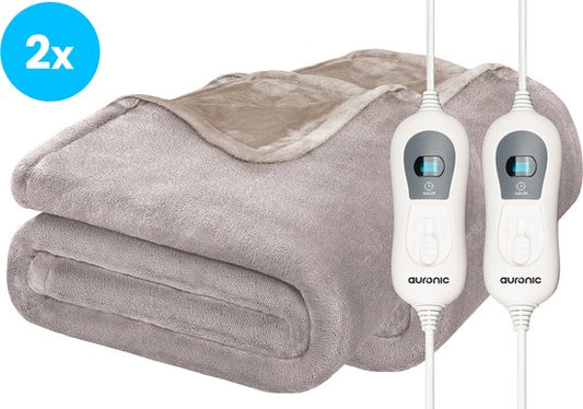Auronic - Elektrische Deken 2-Pack - 160 x 120 cm - 3 Warmtestanden & Automatische Uitschakeling - Extra Zacht Flanel - Wasmachinebestendig - Fleece & Taupe